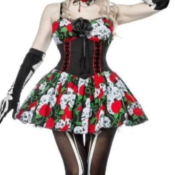 Lip Service Skulls & Roses Dress Up Costume Cosplay Mini Dress Size M - Picture 5 of 13